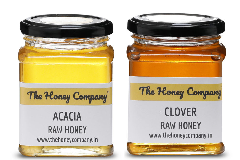 Different natural colours of honey ranging from nearly clear to golden yellow and light amber